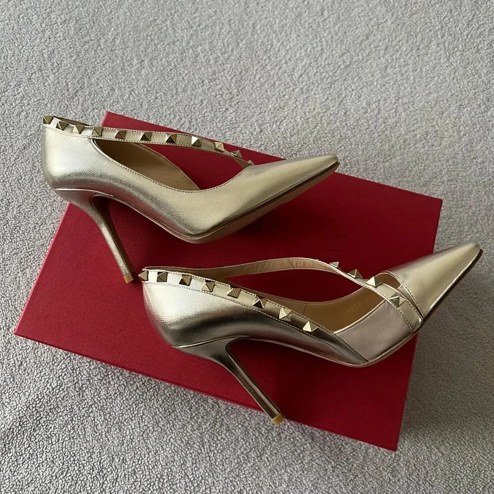 Valentino Women’s Rockstud D’Orsay Cross Strap Gold Metallic High Heels 35.5 New